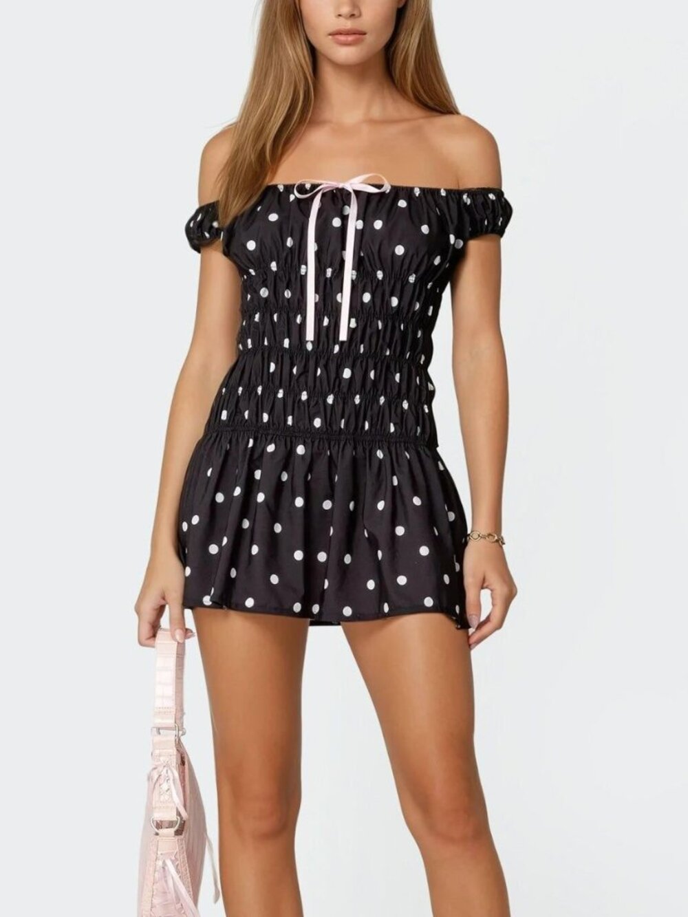 NWT Edikted Black White Polka Dot Off Shoulder Mini Dress Size M